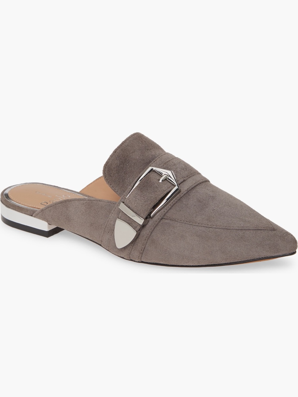 Linea Paolo Suede Pointed Toe Buckle Mules in Taupe